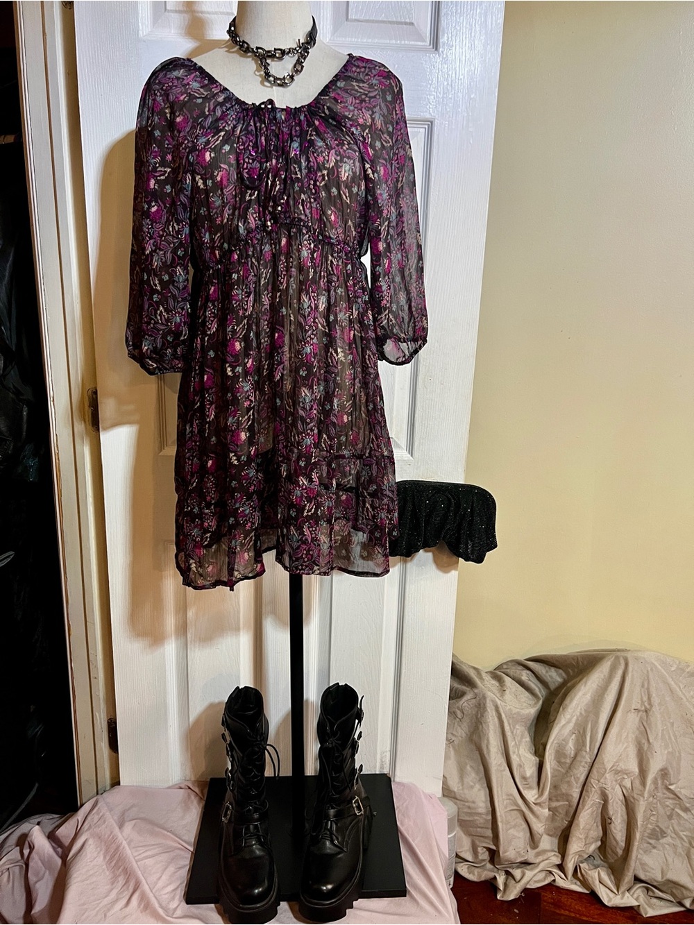 OBR Wms Purple Sheer Paisley Floral Pleated Sequin Peasant Mini Tunic Dress M